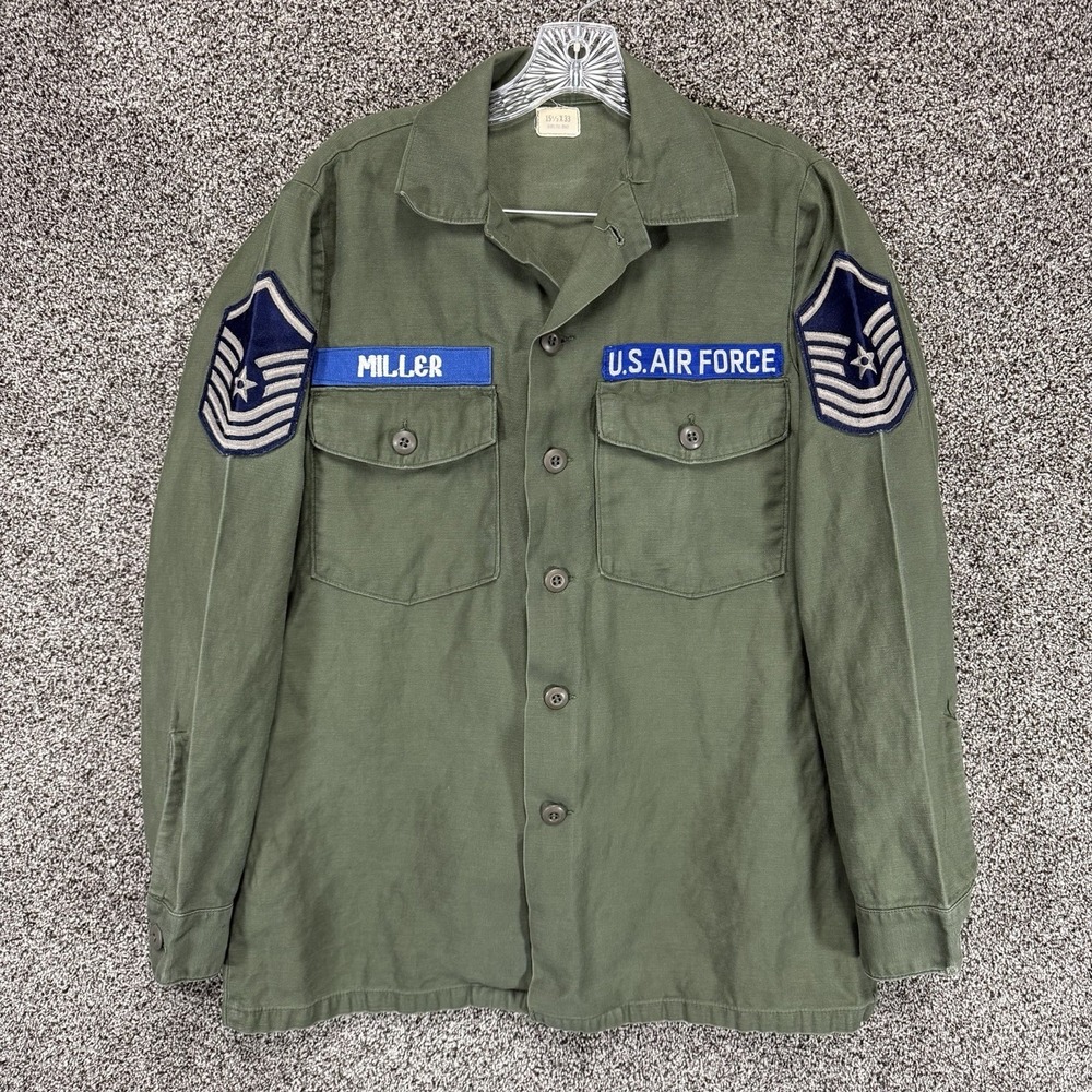 VTG Air Force OG 107 Shirt Mens 15.5x33 Medium Green Cotton Sateen 70s Military